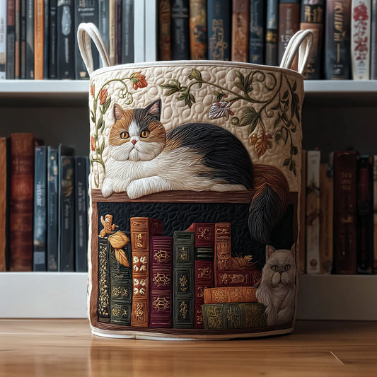 Panier à linge matelassé artisanal – Chat et livres