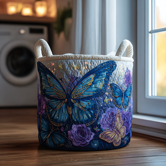 Panier à linge matelassé artisanal – Papillon et fleurs