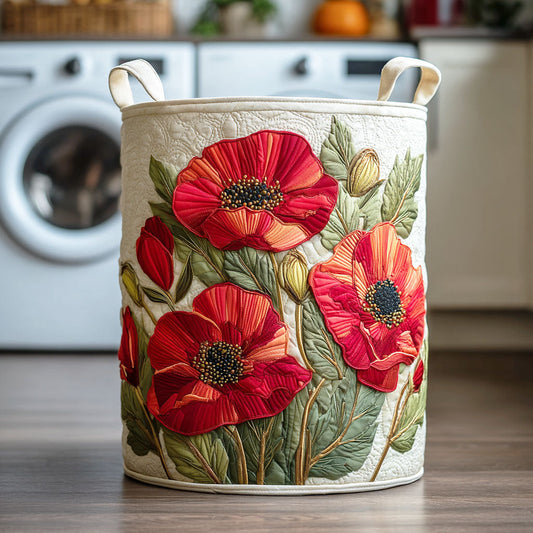 Panier à linge matelassé artisanal – Coquelicots rouges