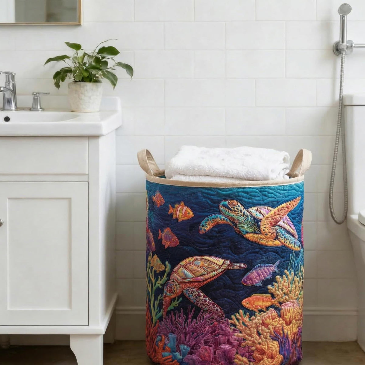 Panier à linge matelassé artisanal – Tortue de mer