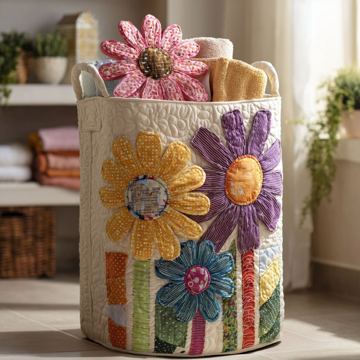 Panier à linge matelassé artisanal – Fleurs vintage