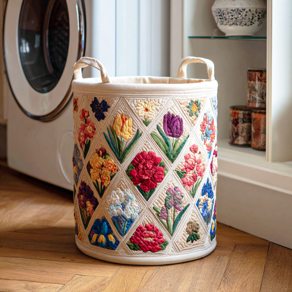 Panier à linge matelassé artisanal – Motif floral